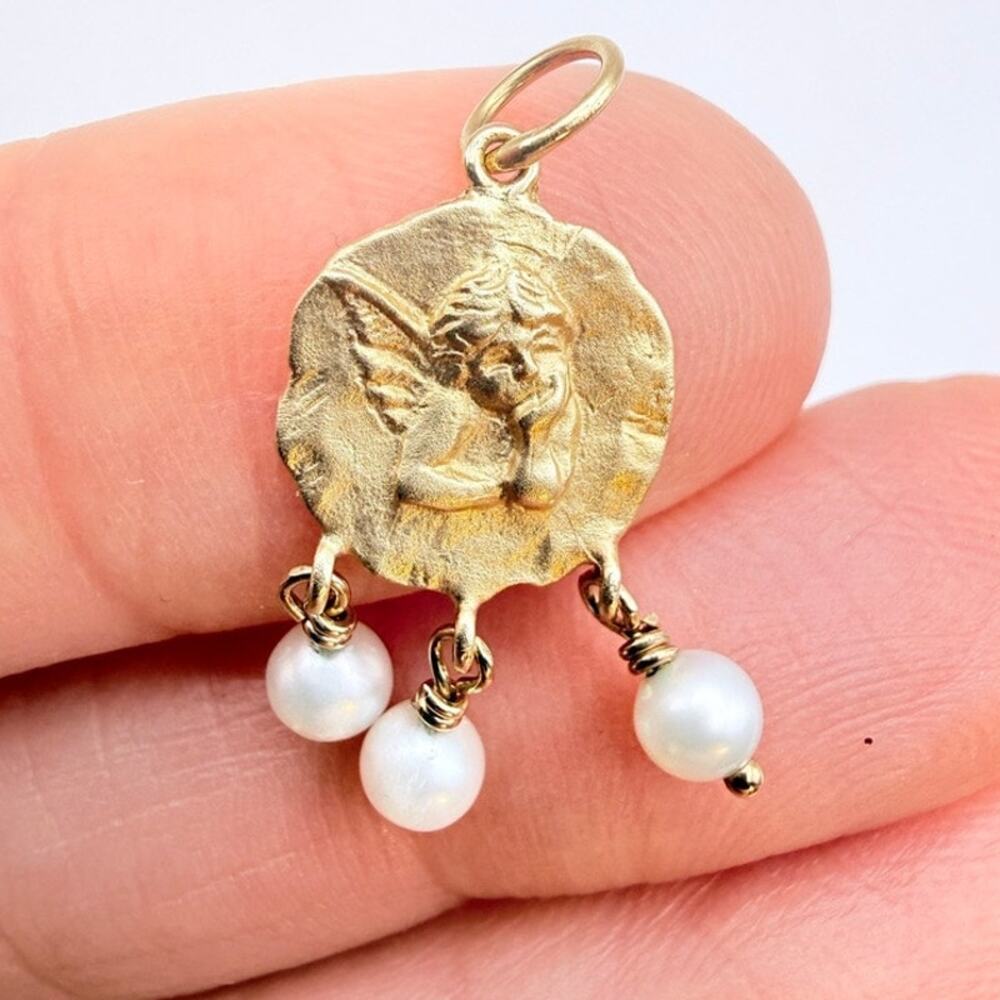 Signed PBD 14K Peter Brams Designs Cherub Guardian Angel Pendant Pearl Dangles